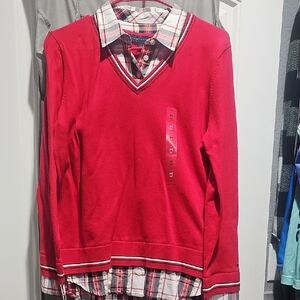 Tommy Hilfiger Red Sweater with Plaid Collar